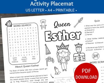 Mantel individual con actividades de la Reina Ester, página para colorear de Purim y actividades para niños, juegos imprimibles para la escuela dominical.