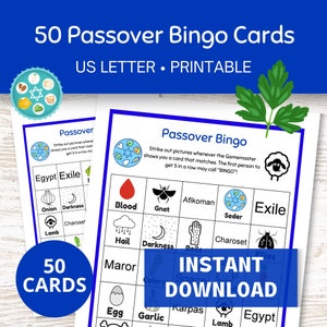 Puede incluir: 50 tarjetas de bingo de Pascua imprimibles con imágenes de símbolos tradicionales como un cordero, matzá y un plato de Seder. El texto en las tarjetas dice "Bingo de Pascua" y "Tache las imágenes cada vez que el maestro del juego te muestre una tarjeta que coincida. La primera persona que obtenga 5 en una fila puede gritar "¡BINGO!"