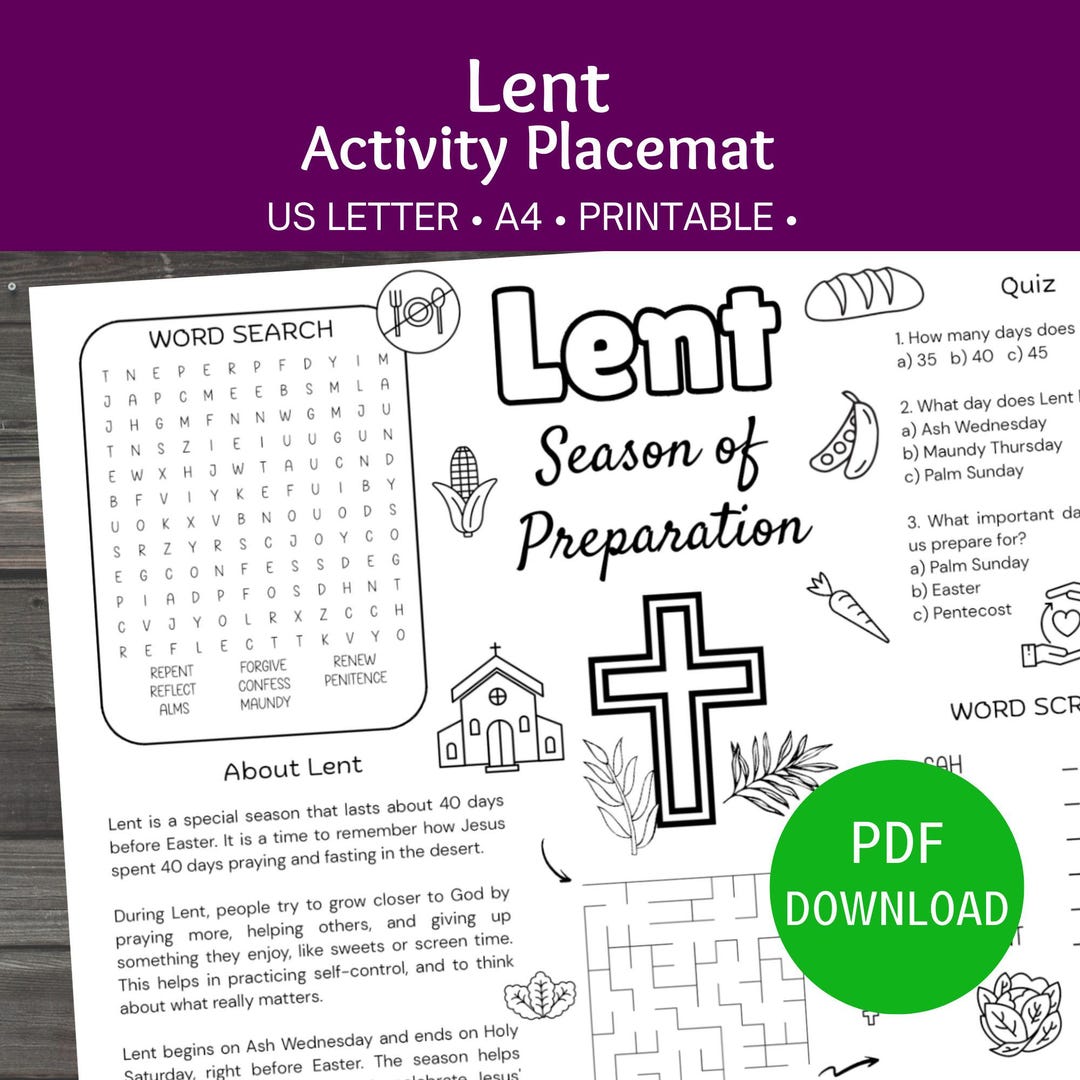 Lent Activity Placemat, Printable Sunday School Games, Ash Wednesday ...