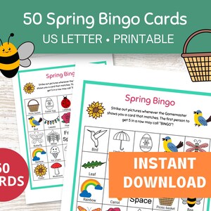 Spring Bingo Cards Printable, Seasonal Bingo 50 Cards, Labeled Pictures, Spring Classroom Activities