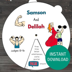 Rueda para colorear de Sansón y Dalila, lección de escuela dominical imprimible, manualidad bíblica para niños, actividad bíblica