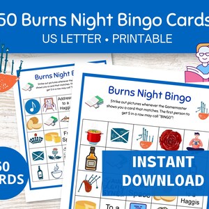 Burns Night Bingo, Holiday Bingo 50 Cards, Juegos de bingo con temática escocesa, Tarjetas imprimibles de bingo