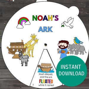 Noah’s Ark Coloring Wheel, Printable Sunday School Lesson, Great Flood Kids Bible Study, Scripture Activity