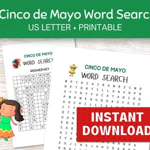 Cinco de Mayo Word Search Printable, Mexican Theme Party Games, Word Puzzle for Kids and Adults