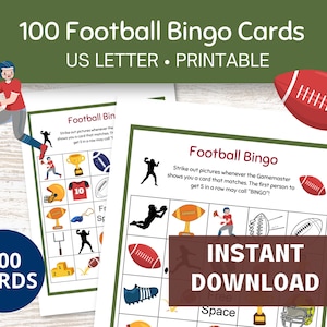 Bingo de fútbol, 100 cartones de bingo imprimibles, juegos temáticos de fútbol americano y deportes