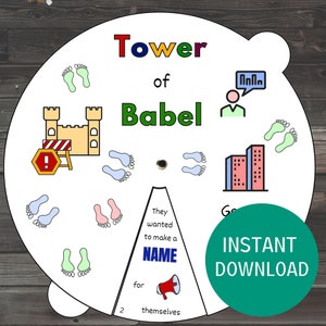 Rueda para colorear de la Torre de Babel, lección de escuela dominical imprimible, manualidad de la Torre de Babel para niños, estudio bíblico para niños