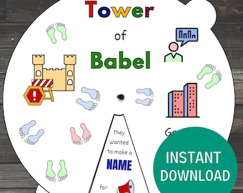 May include: A printable game board for kids featuring a colorful illustration of the Tower of Babel story. The board includes a tower, footprints, and a speech bubble. The text on the board reads "Tower of Babel" and "They wanted to make a name for themselves".