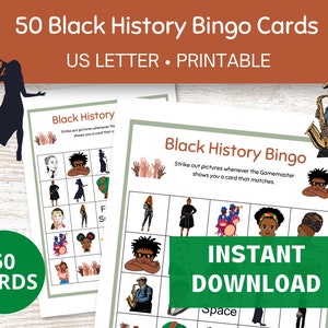 Black History Month Bingo, 50 Bingo Printable Cards, Black History Month Games