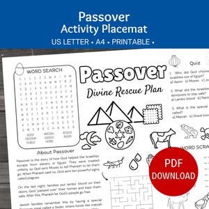 May include: Black and white Passover activity placemat with word search, quiz, and maze. Features the text "Passover Divine Rescue Plan" and "PDF Download". Includes illustrations of pyramids, matzah, and other Passover symbols.