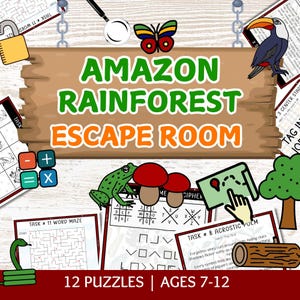 May include: An Amazon Rainforest Escape Room game with 12 puzzles for ages 7-12. The image features a wooden sign with the title, along with illustrations of a toucan, frog, mushrooms, and a map. Includes a word maze and acrostic poem.