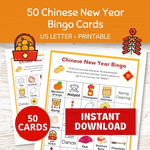 Chinese New Year Bingo, 50 druckbare Bingokarten, CNY Kids Printables, Klassenzimmerspiele und Aktivitäten