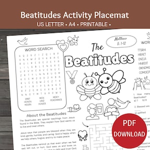 May include: Black and white printable Beatitudes activity placemat. Features a word search, maze, and illustrations of bees and other religious symbols. Includes the text "The Beatitudes" and "PDF Download".