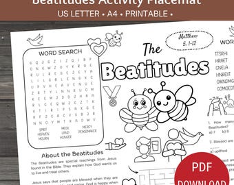 Beatitudes Activity Placemat, Printable Sunday School Activities, Sermon on the Mount Coloring Worksheet