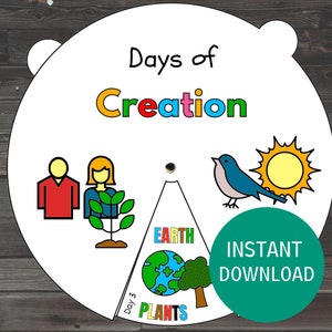 Puede incluir: Un gráfico educativo circular blanco con las palabras "Days of Creation" y "Creation" en texto colorido. Las ilustraciones incluyen una pareja, una planta, un pájaro, el sol y una sección etiquetada como "Earth, Plants". Un círculo verde dice "Instant Download".