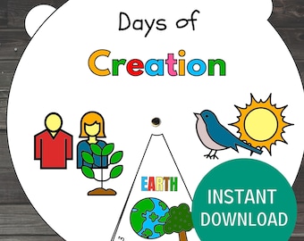 Può includere: Un grafico educativo circolare bianco con le parole "Days of Creation" e "Creation" in testo colorato. Le illustrazioni includono una coppia, una pianta, un uccello, il sole e una sezione etichettata "Earth, Plants". Un cerchio verde recita "Instant Download".