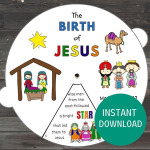 Birth of Jesus Coloring Wheel, Nativity Coloring Craft Printable, Kids Sunday School Lesson, Christmas Story Activity
