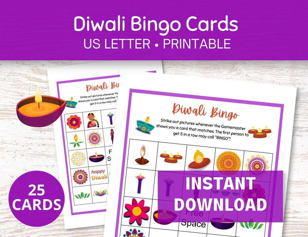 Diwali Bingo Game, 25 Bingo Cards Printable, Deepavali Party Games for ...