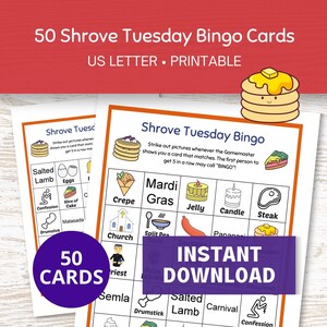 Bingo de terça-feira gorda, 50 cartões de bingo para impressão, atividades do dia da panqueca para crianças e famílias, jogos educativos