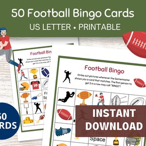 Football Bingo, 50 American Football Bingo Cards Printable, The Big Game Bingo Cards
