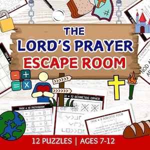 Może przedstawiać: Obraz promujący "The Lord's Prayer Escape Room" z tekstem "12 Puzzles | Wiek 7-12". Projekt zawiera elementy układanki, krzyż, pochodnię i ilustrację zamku, na tle drewnianym.