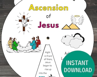Puede incluir: Un círculo blanco con las palabras "Ascension of Jesus" en morado y amarillo. El círculo está dividido en secciones con ilustraciones de Jesús ascendiendo al cielo, una paloma y nubes. El texto "Right in front of them, Jesus began to rise up into the SKY" está escrito en negro.