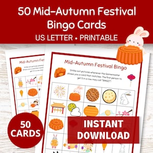 Cartones de bingo del Festival del Medio Otoño imprimibles, 50 cartones de bingo navideños en PDF, juegos de fiesta del Festival Mooncake para la familia