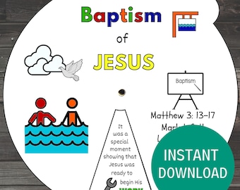 Baptism of Jesus Coloring Wheel, Sunday School Lesson Printable, John Baptizes Jesus Craft, Jesus Baptism Activities for Kids