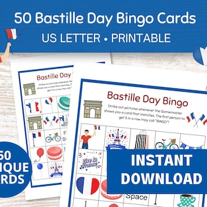 Bingo del Día de la Bastilla imprimible, Bingo navideño 50 cartas, juego de bingo con temática francesa para niños y familias