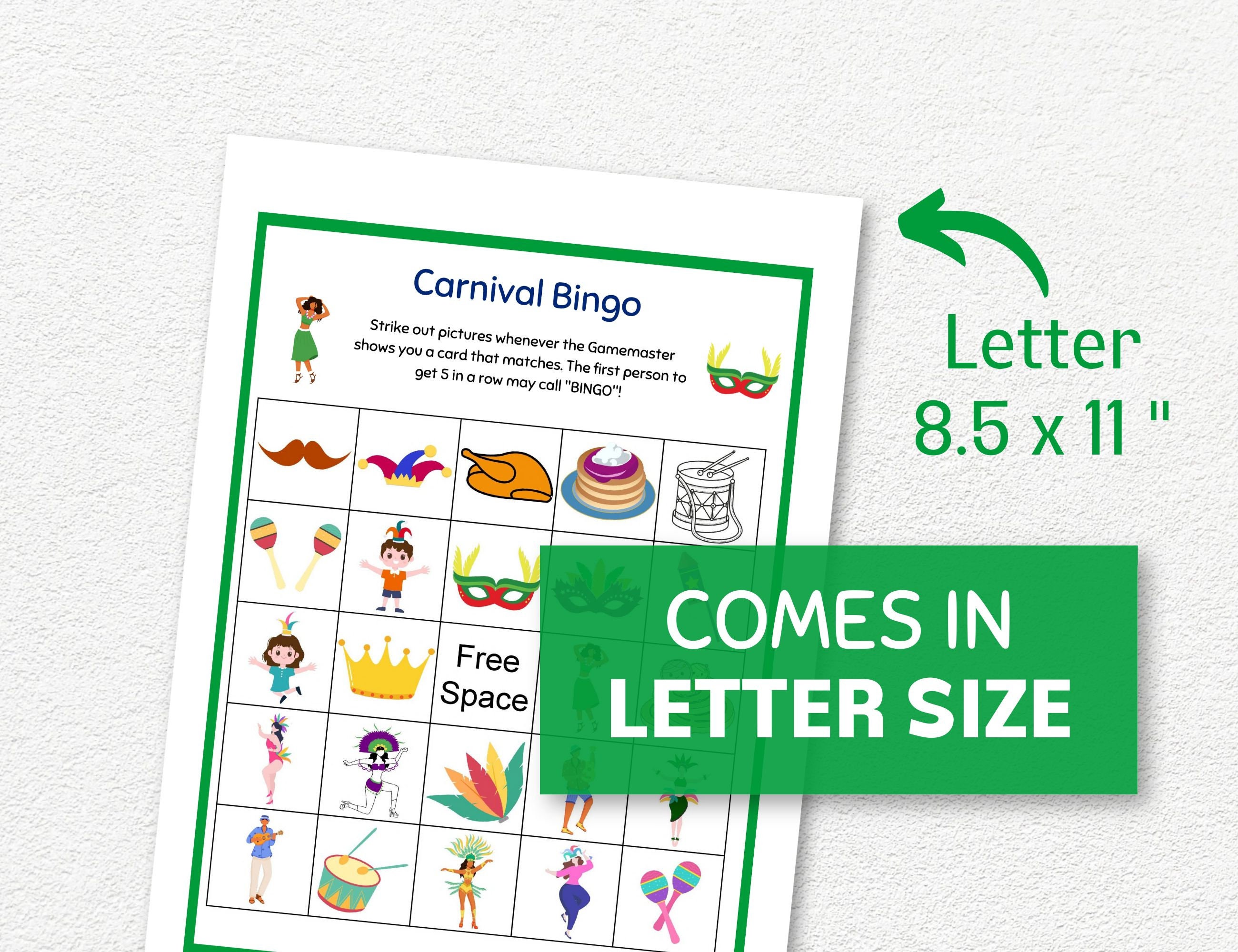 Carnival Bingo, 100 Bingo Cards for Carnival, Mardi Gras Bingo Cards