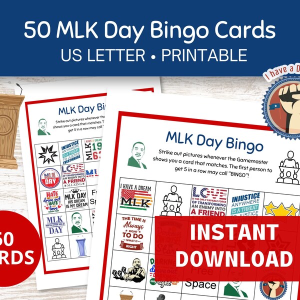 MLK Bingo Game, 50 Bingo Printable Cards for Martin Luther King Jr Day, Party Bingo Game