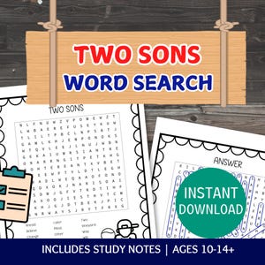 Puede incluir: Un letrero de madera con las palabras "TWO SONS WORD SEARCH" en rojo y azul. Debajo, un juego de búsqueda de palabras y una clave de respuestas son visibles. El texto "INSTANT DOWNLOAD" está en un círculo verde. Incluye notas de estudio para edades de 10 a 14 años.