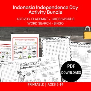 以下が含まれることがあります： インドネシア独立記念日のアクティビティバンドル。ビンゴゲーム、ワードサーチ、クロスワードパズル、クイズなどの印刷可能なシートが含まれています。各ページには白黒のイラスト、テキスト、グリッドが記載されています。黒い円の中にPDF DOWNLOADSと書かれています。