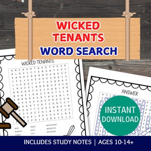 May include: A printable word search puzzle titled "Wicked Tenants" with study notes for ages 10-14. The image features the puzzle, answer key, and the words "Instant Download". The puzzle is designed with a black and white theme.