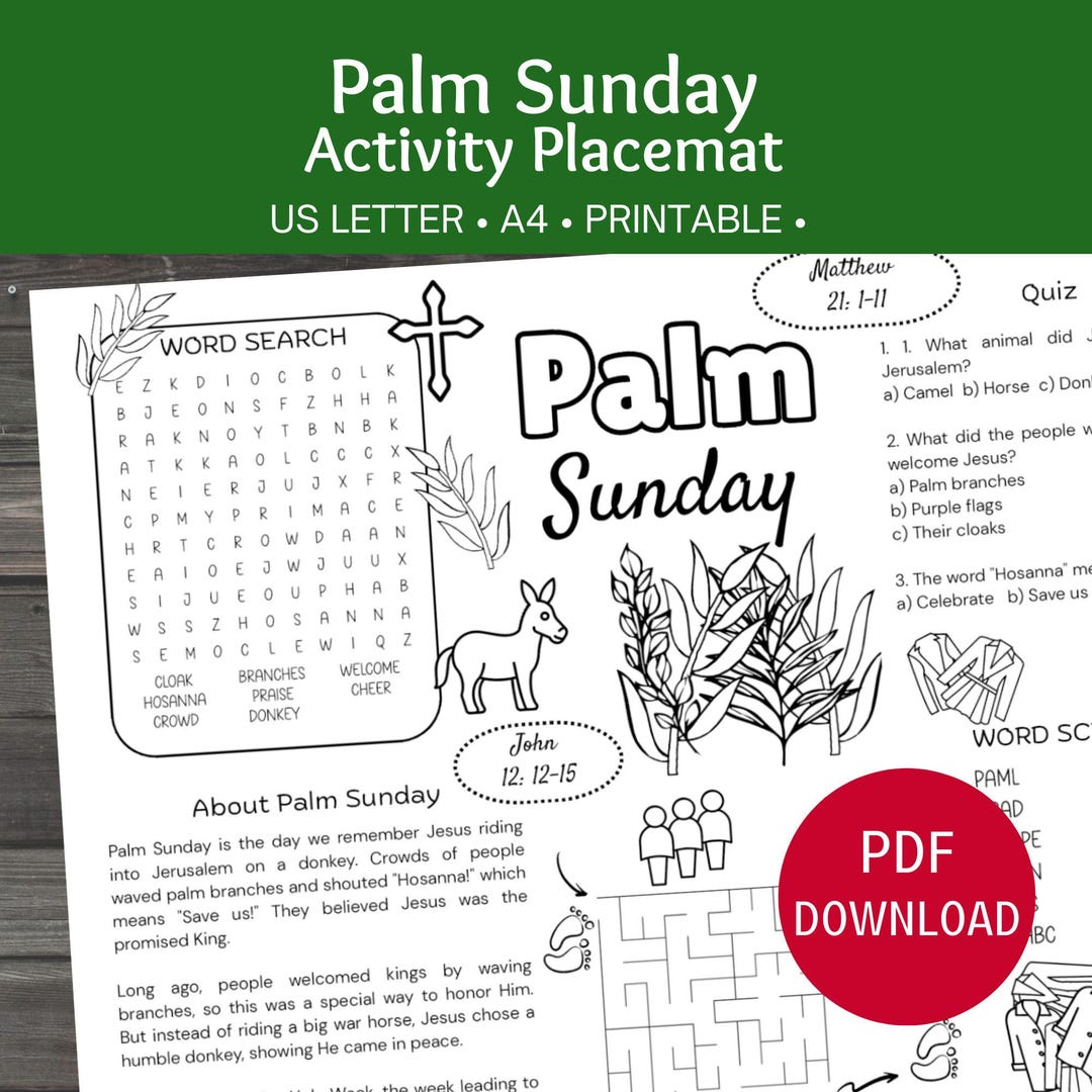 Palm Sunday Activity Placemat, Printable Holy Week Sunday School Lesson ...