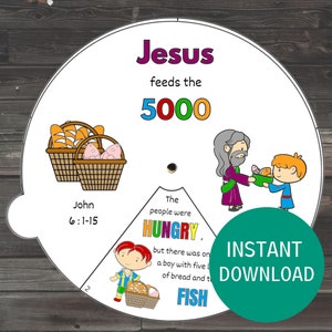 Jesus Feeds the 5000 Coloring Wheel, Five Loaves and Two Fish Craft, Printable Sunday School Lesson, Scripture Activity
