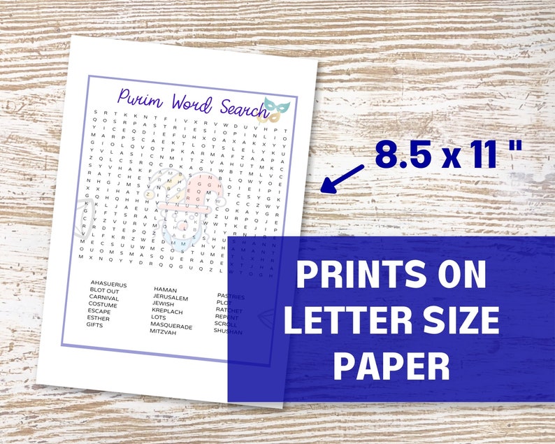 Purim Word Search Printable, Party Games for Family, 2 Printable Word ...