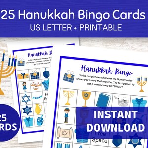 Hanukkah Bingo Game imprimable, 25 cartes de bingo, jeux de festival juif pour enfants et adultes