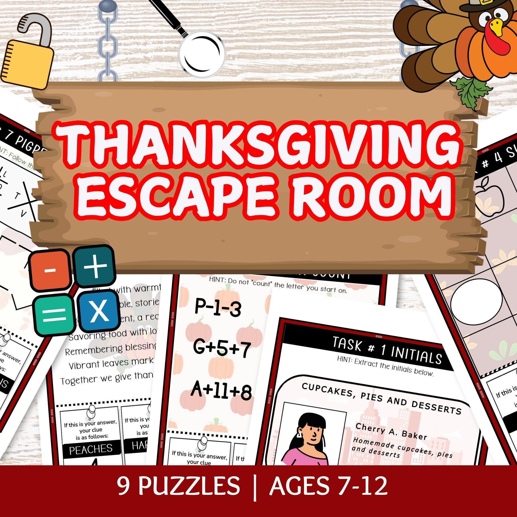Thanksgiving Escape Room Printable, 9 PDF Puzzle Games, Thanksgiving Activities, Kids Educational Activities