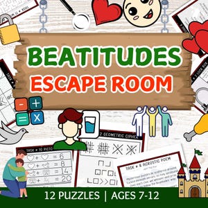 Puede incluir: Un juego de escape room colorido con el texto "BEATITUDES ESCAPE ROOM" en un letrero de madera. La imagen incluye rompecabezas, ilustraciones y el texto "12 PUZZLES | AGES 7-12". También hay símbolos matemáticos y un dibujo de una persona.