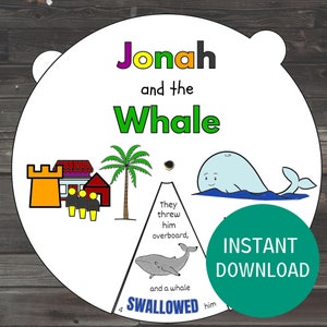 Jonah and the Whale kleurwiel, afdrukbare zondagsschoolles, Jonah and the Whale Craft for Kids, schriftactiviteit