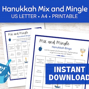 Hanukkah Mix and Mingle Bingo, Find the Guest Printable, Chanukah Bingo in Letter and A4