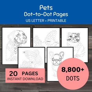 May include: A set of 20 printable dot-to-dot pages featuring various pets, including a dog, cat, and a French bulldog. The pages contain over 8,800 dots to connect.