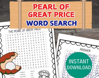 Pearl of Great Price Word Search, Printable Sunday School Lesson with Study Notes, Parables of Jesus Puzzles, Christian Activity Sheets