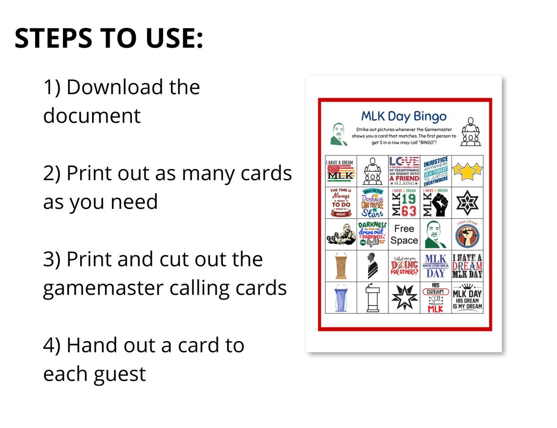 MLK Bingo Game, 50 Bingo Printable Cards for Martin Luther King Jr Day ...