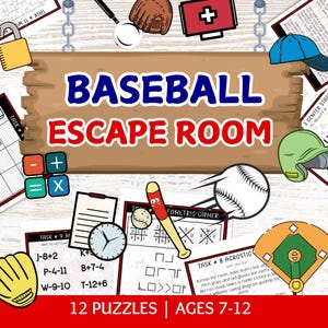 May include: A colorful illustration for a baseball-themed escape room game. The design includes a baseball, bat, glove, and a baseball field. The text "BASEBALL ESCAPE ROOM" is prominently displayed, along with "12 PUZZLES | AGES 7-12".