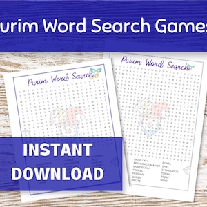 Purim Word Search Printable, Party Games for Family, 2 Printable Word Search Puzzles