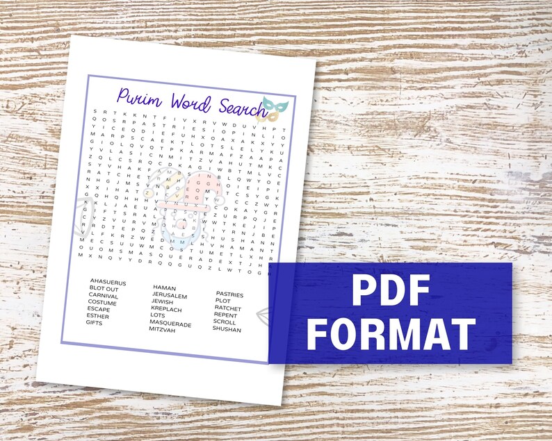 Purim Word Search Printable, Party Games for Family, 2 Printable Word ...