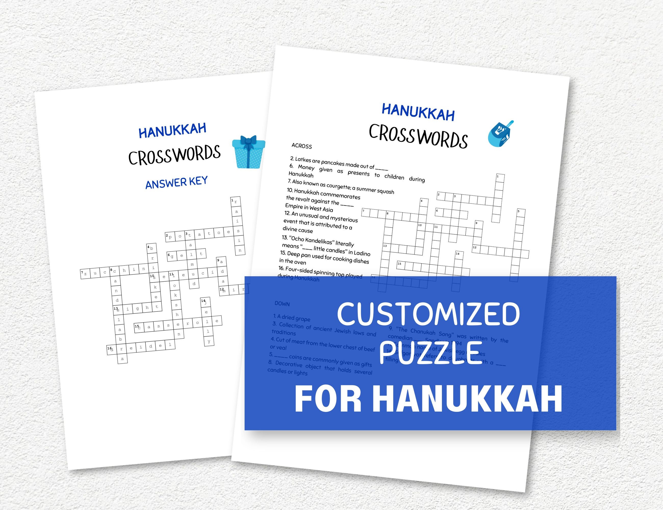Hanukkah Crossword Puzzle Printable, Chanukah Word Puzzles, Party Games