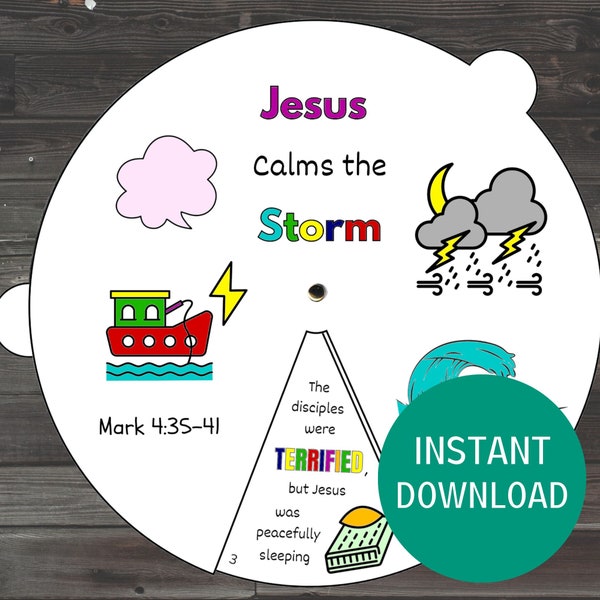 Jesus Calms the Storm Coloring Wheel, Printable Sunday School Lesson, Bible Craft, Scripture Activity