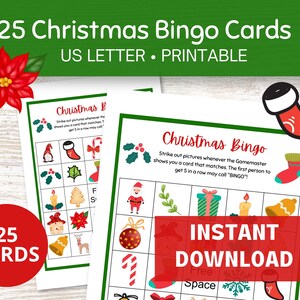 Kerstbingo afdrukbaar, 25 bingokaartenspel, winterbingo voor kinderen en volwassenen